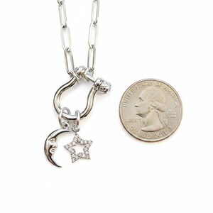 Celestial Moon CZ Star Shackle Clasp Carabiner Necklace, Silver - 20 inch - - LadybugfeetDesigns -