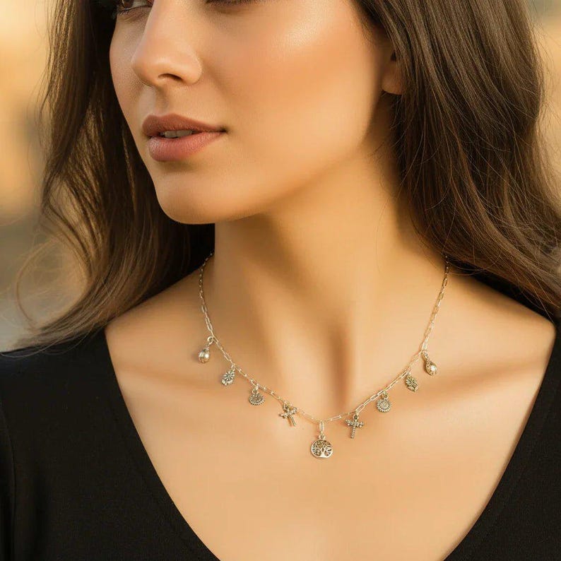 Nature Lover Multi Charm Link Necklace, .925 Sterling Silver - 20 inch - - LadybugfeetDesigns -