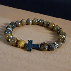 Tiger's Eye Beaded Cross Stretch Bracelet-UNISEX - - LadybugfeetDesigns -