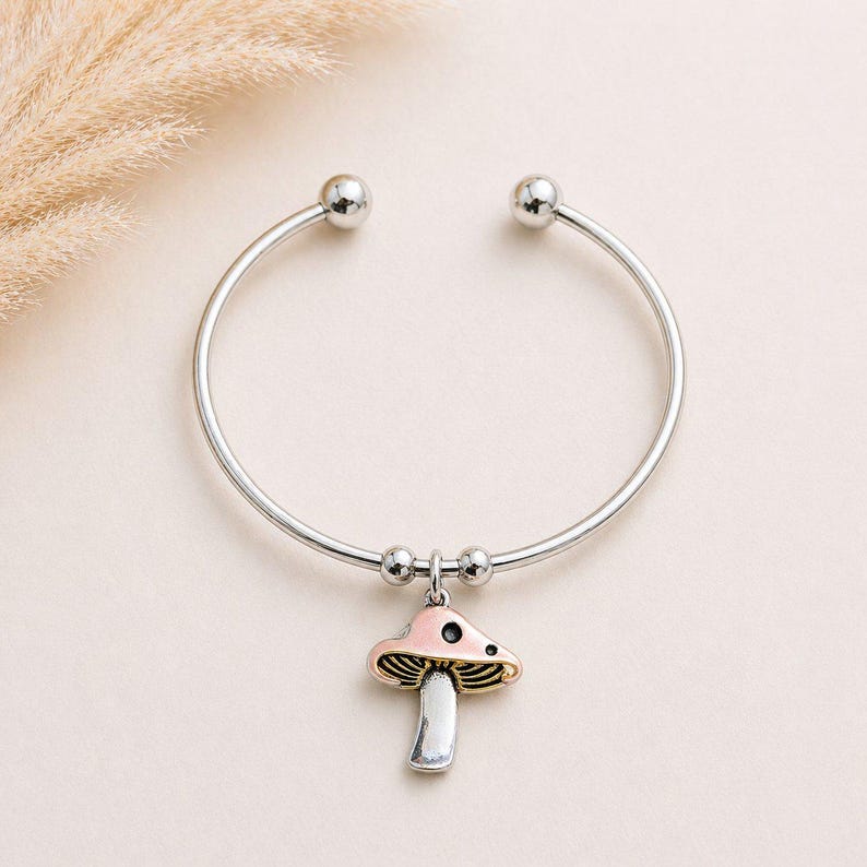 Mushroom Euro Bangle Cuff, Silver - - LadybugfeetDesigns -