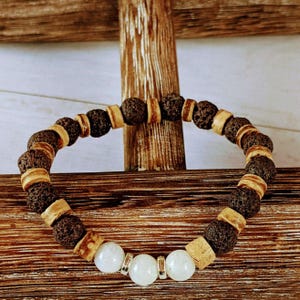 Moonstone Gemstone Lava Bead Stretch bracelet-JUNE Birthstone - - LadybugfeetDesigns -