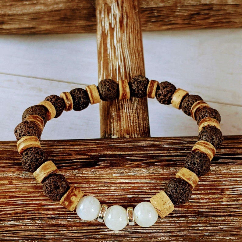 Moonstone Gemstone Lava Bead Stretch bracelet-JUNE Birthstone - - LadybugfeetDesigns -