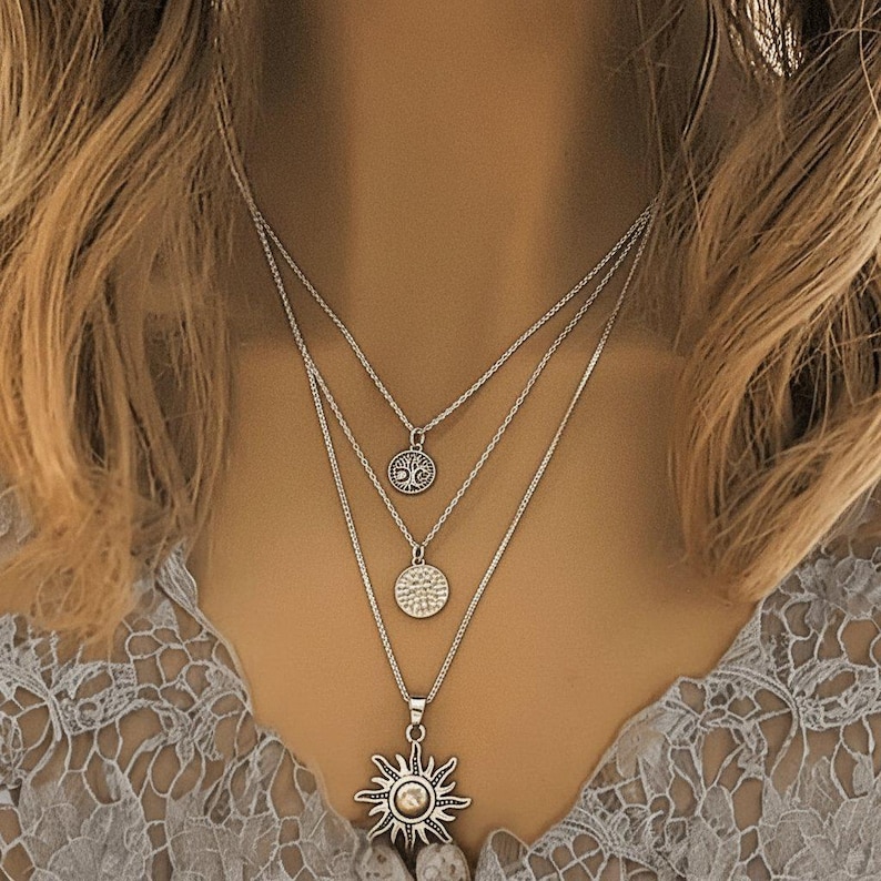 Energy, Power, Positivity Layered Necklace Set, Silver - - LadybugfeetDesigns -