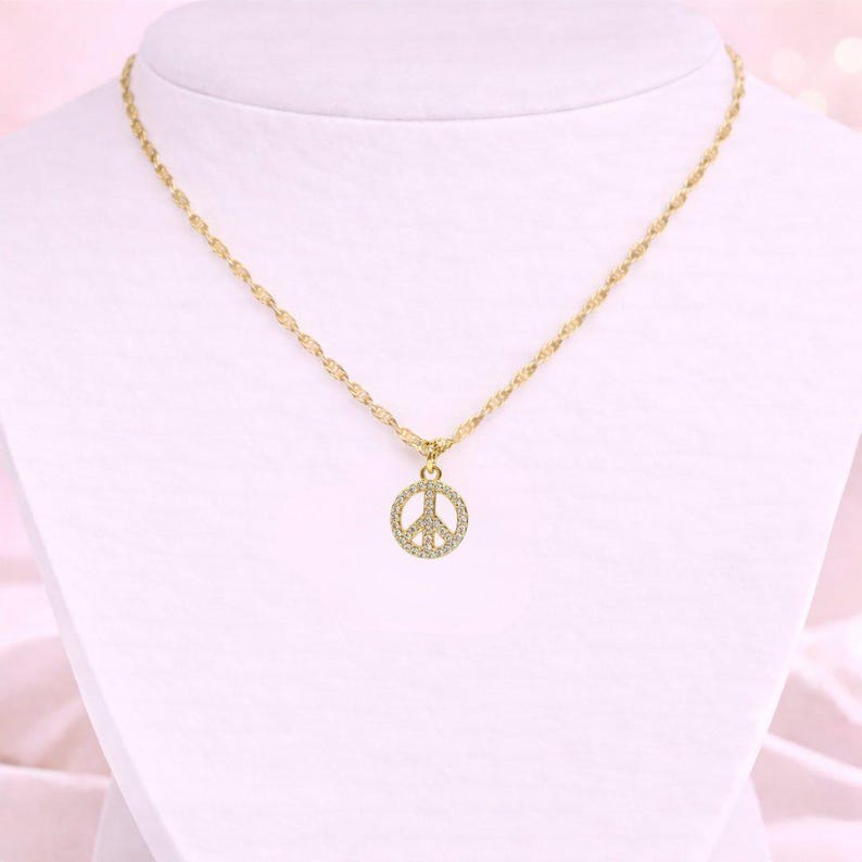 Sparkly Peace Sign necklace, Gold- 20 inch - - LadybugfeetDesigns -
