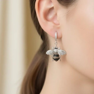 Rhinestone Honeybee Sterling Silver Earrings - - LadybugfeetDesigns -