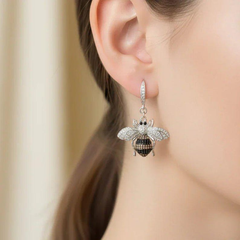 Rhinestone Honeybee Sterling Silver Earrings - - LadybugfeetDesigns -