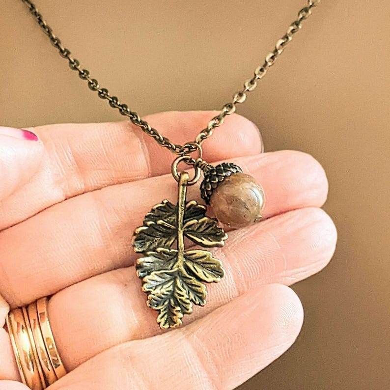 Acorn Oak Leaf Necklace, Antique Bronze - - LadybugfeetDesigns -