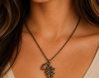 Acorn Oak Leaf Necklace, Antique Bronze