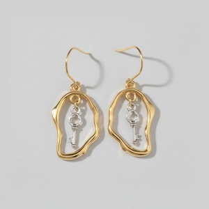 Key to Your Heart dangle earrings, Two-Tone - - LadybugfeetDesigns -