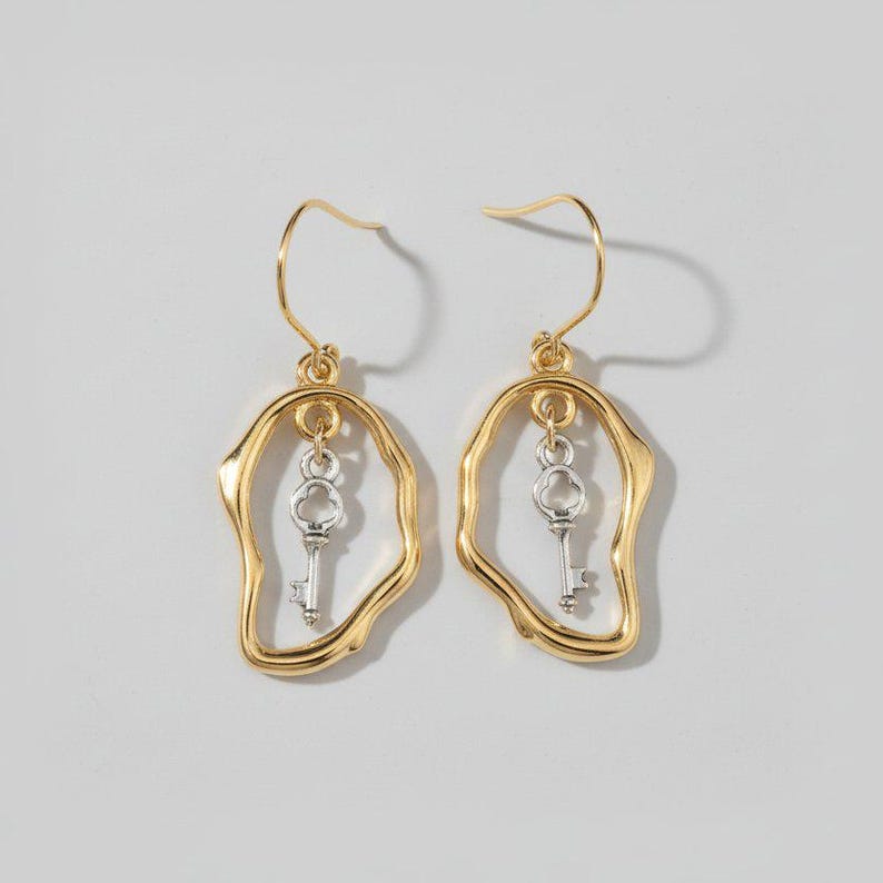 Key to Your Heart dangle earrings, Two-Tone - - LadybugfeetDesigns -