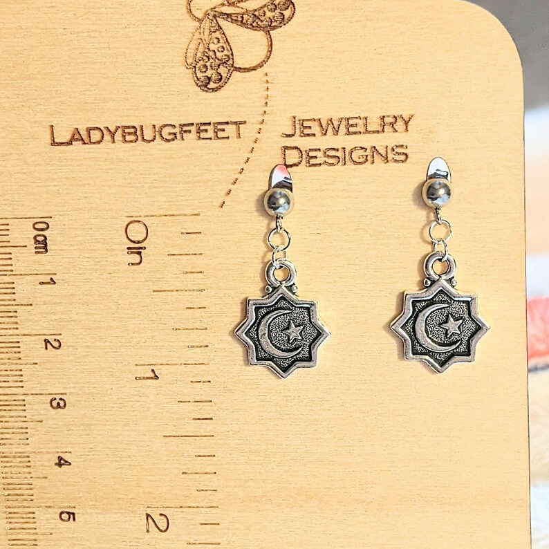 Crescent Moon/Star Charm Drop Stud Earrings-Silver - - LadybugfeetDesigns -