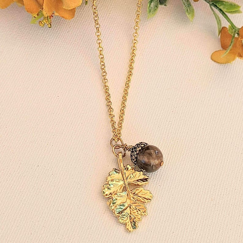 Acorn Oak Leaf Necklace, Gold - - LadybugfeetDesigns -