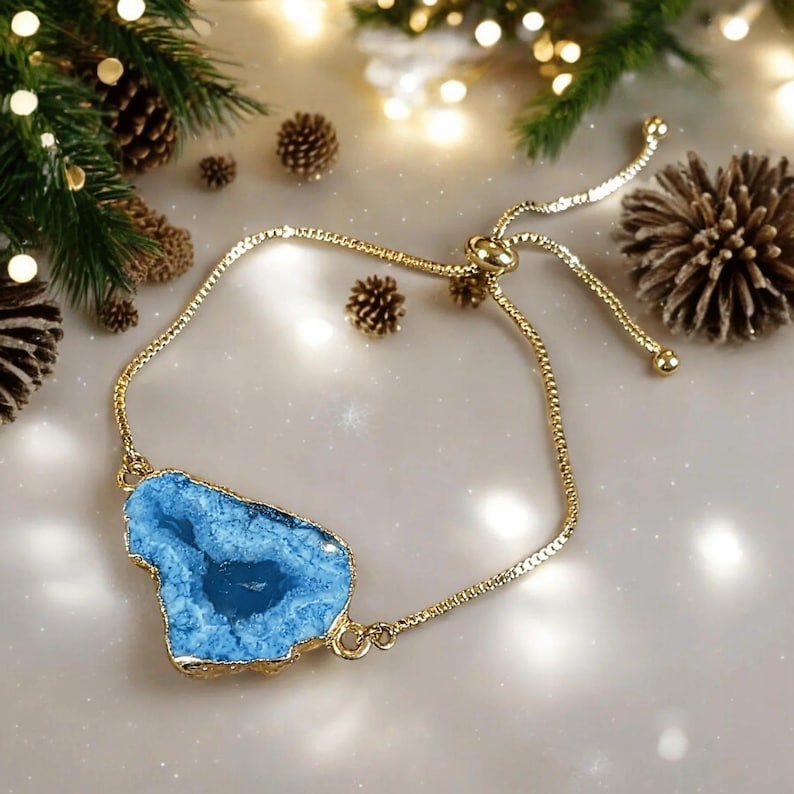 Agate Gemstone Crystal Geode Adjustable Bracelet, Gift for her - - LadybugfeetDesigns -