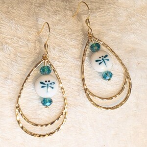 Dragonfly Bead Hammered Teardrop Earrings, Gold - - LadybugfeetDesigns -