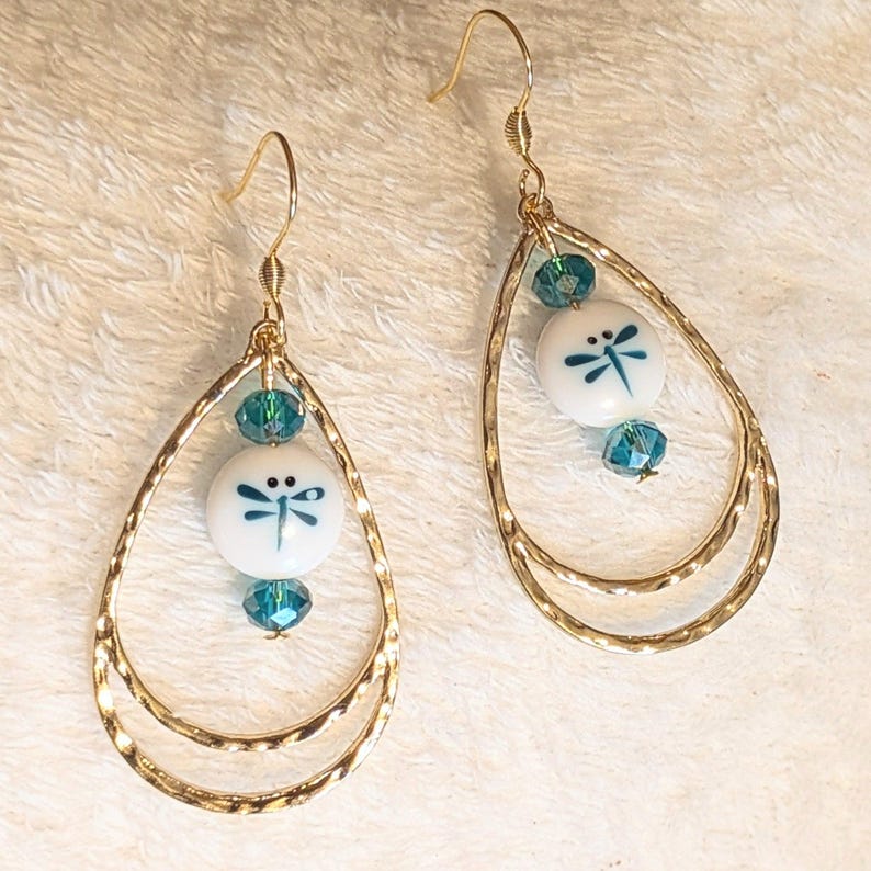 Dragonfly Bead Hammered Teardrop Earrings, Gold - - LadybugfeetDesigns -