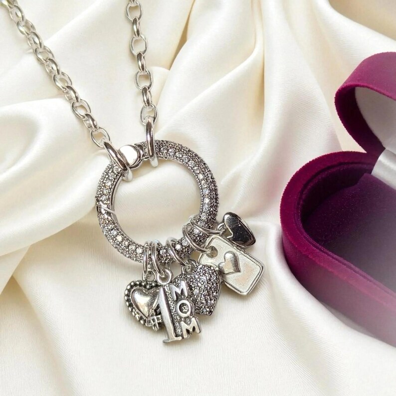 1 Mom Silver CZ Snap Ring Necklace, .925 Sterling Silver - 20 inch - - LadybugfeetDesigns -