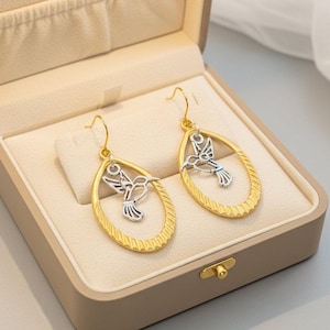 Hummingbird Two-Tone Hook Earrings, Gold - - LadybugfeetDesigns -