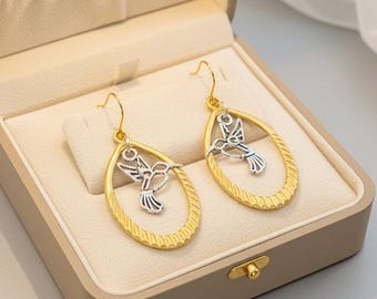 Hummingbird Two-Tone Hook Earrings, Gold