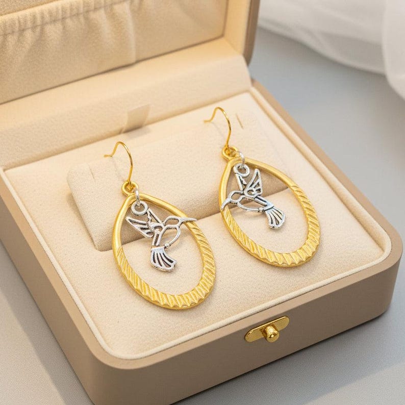 Hummingbird Two-Tone Hook Earrings, Gold - - LadybugfeetDesigns -