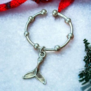 Sterling Silver Whale Tail Adjustable Charm Ring - - LadybugfeetDesigns -
