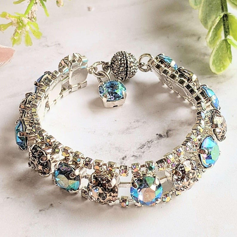 Blue Multi Faceted Crystal Rhinestone Bracelet-Bridal Jewelry-Child Size - - LadybugfeetDesigns -