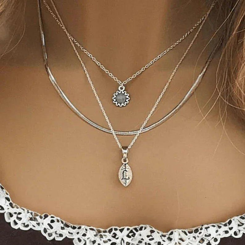Sunflower Initial Leaf Layered Necklace Set, Silver - - LadybugfeetDesigns -
