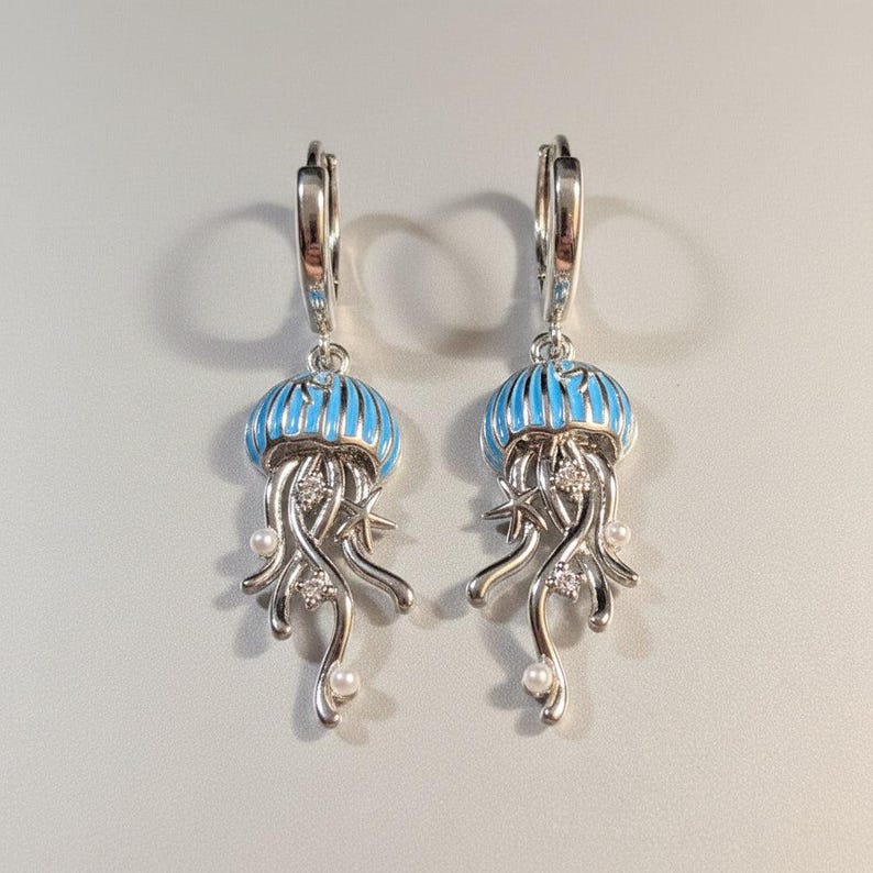 Jellyfish Huggie Hoop earrings, Silver - 15mm - - LadybugfeetDesigns -