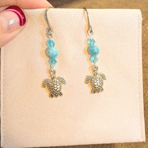 Sea Turtle Larimar Beaded Hook Earrings, Silver - - LadybugfeetDesigns -