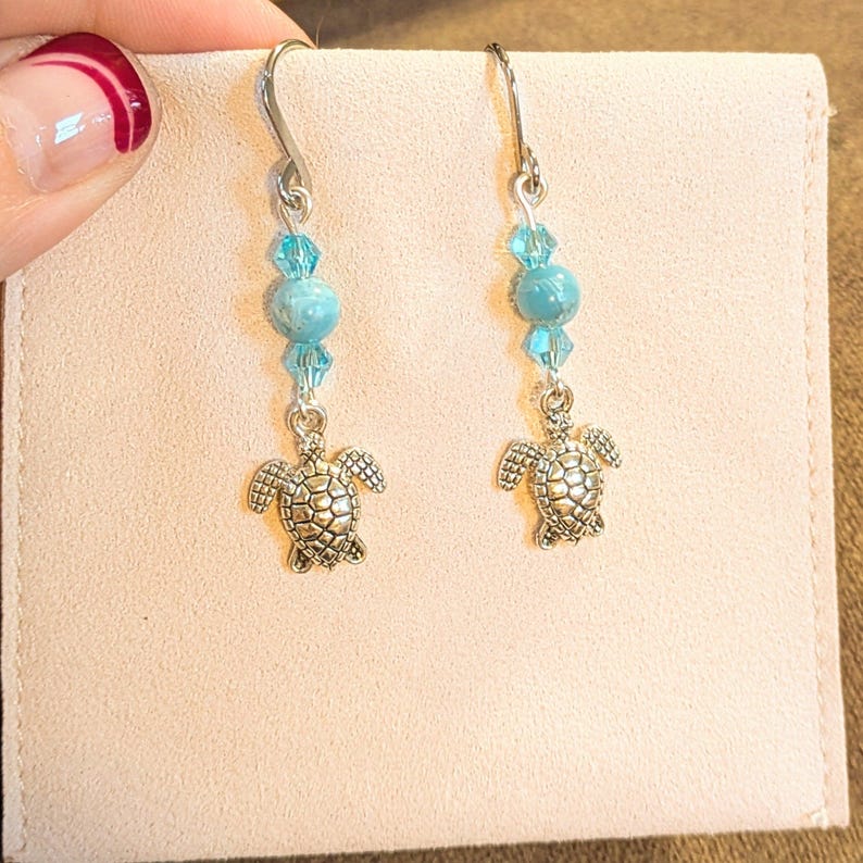 Sea Turtle Larimar Beaded Hook Earrings, Silver - - LadybugfeetDesigns -
