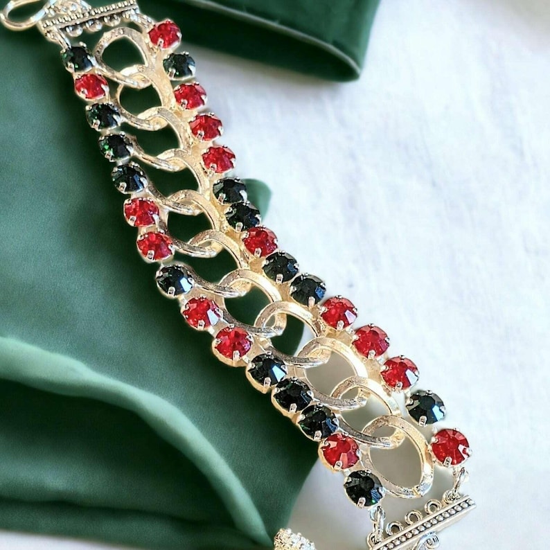 Red and Deep Green Multi Faceted Crystal Bracelet-Large 8 inch - - LadybugfeetDesigns -