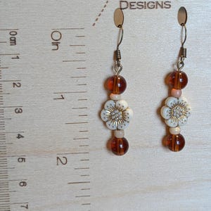 Boho Amber Flower Hook Earrings, Bronze - - LadybugfeetDesigns -