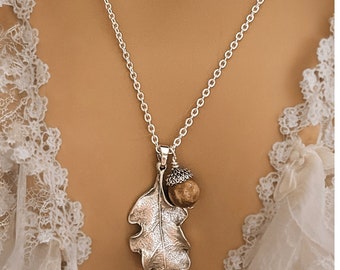 Moonstone Acorn Oak Leaf Necklace, Silver