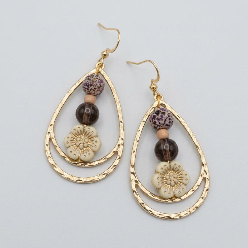 Boho Hammered Teardrop White Flower/Purple Bead Earrings, Gold - - LadybugfeetDesigns -