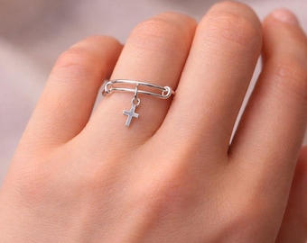 Kleines Kreuz erweiterbar Charm Ring, Silber