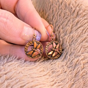 Dragonfly Circle dangle earrings, Copper/Rose Gold - - LadybugfeetDesigns -