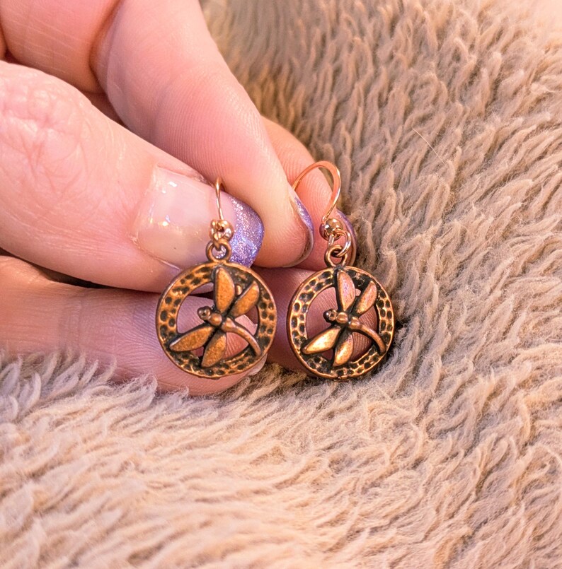 Dragonfly Circle dangle earrings, Copper/Rose Gold - - LadybugfeetDesigns -