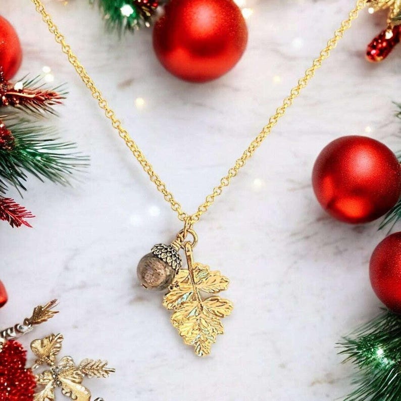 Acorn Oak Leaf Necklace, Gold - - LadybugfeetDesigns -