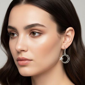 Fancy Crescent Moon Star Hoop Earrings, Silver - 16mm - - LadybugfeetDesigns -