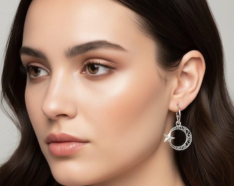 Eleganckie kolczyki koła z półksiężycem i gwiazdą, srebro - 16 mm