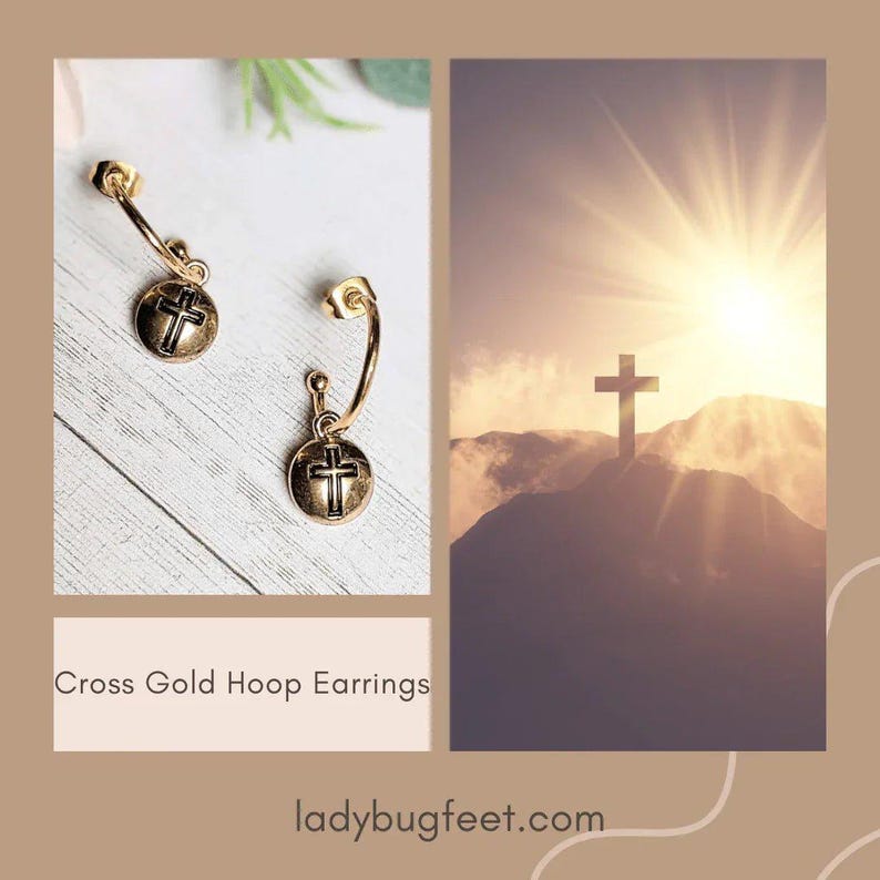 Cross Gold Hoop earrings, Gold - 16mm - - LadybugfeetDesigns -