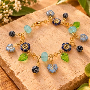 Botanical Blue Crystal Bead Bracelet, Gold - - LadybugfeetDesigns -