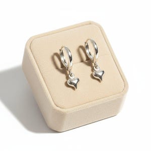 Silver Heart Huggie Hoop earrings, 15mm Hoop Drop - - LadybugfeetDesigns -