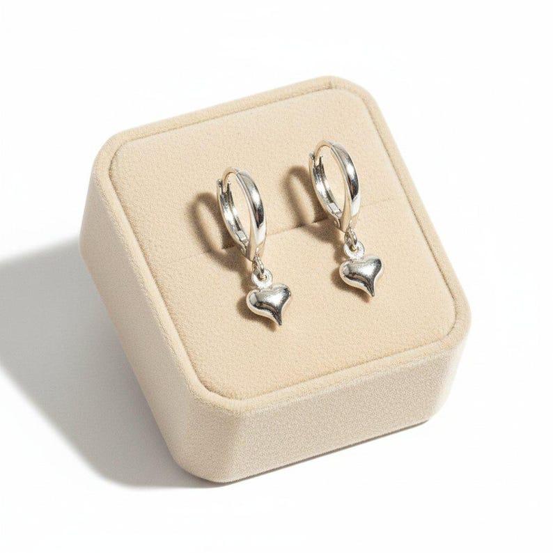 Silver Heart Huggie Hoop earrings, 15mm Hoop Drop - - LadybugfeetDesigns -