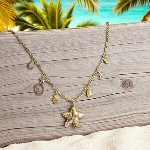 Beach Vibes Multi Charm Link Necklace, Gold- 20 inch - - LadybugfeetDesigns -
