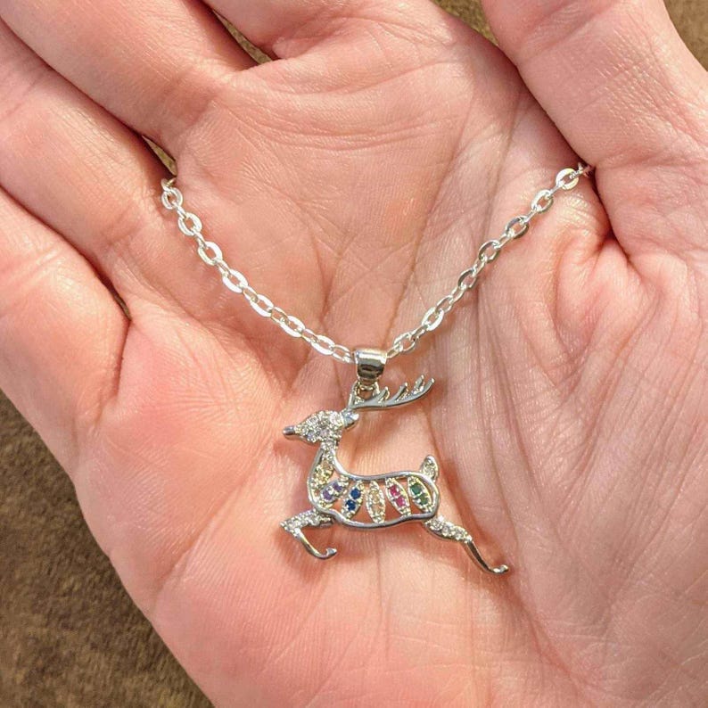 Christmas Reindeer Rhinestone necklace, 18 inch - - LadybugfeetDesigns -