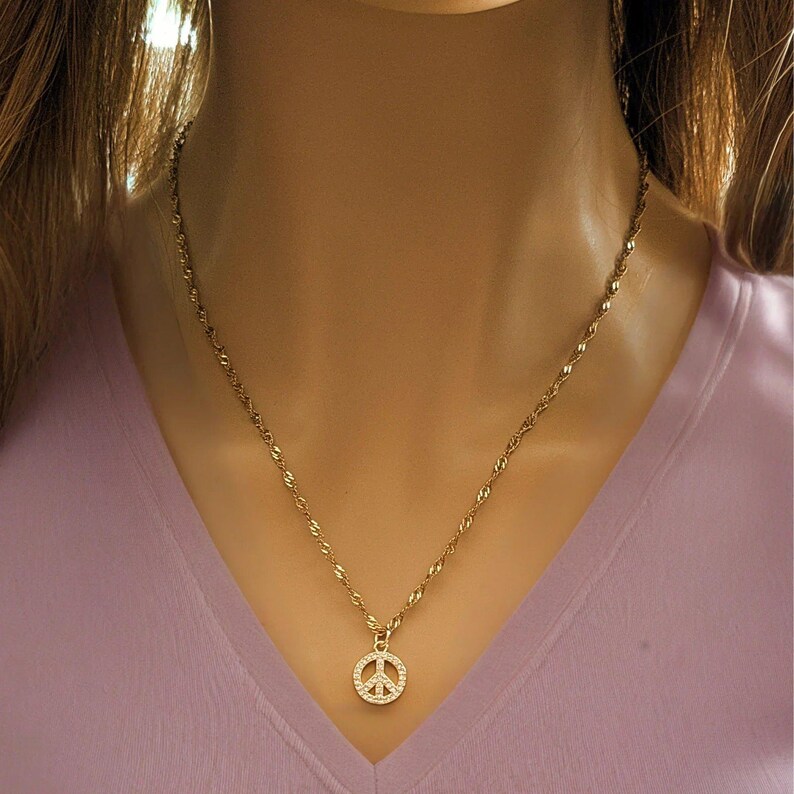 Sparkly Peace Sign necklace, Gold- 20 inch - - LadybugfeetDesigns -