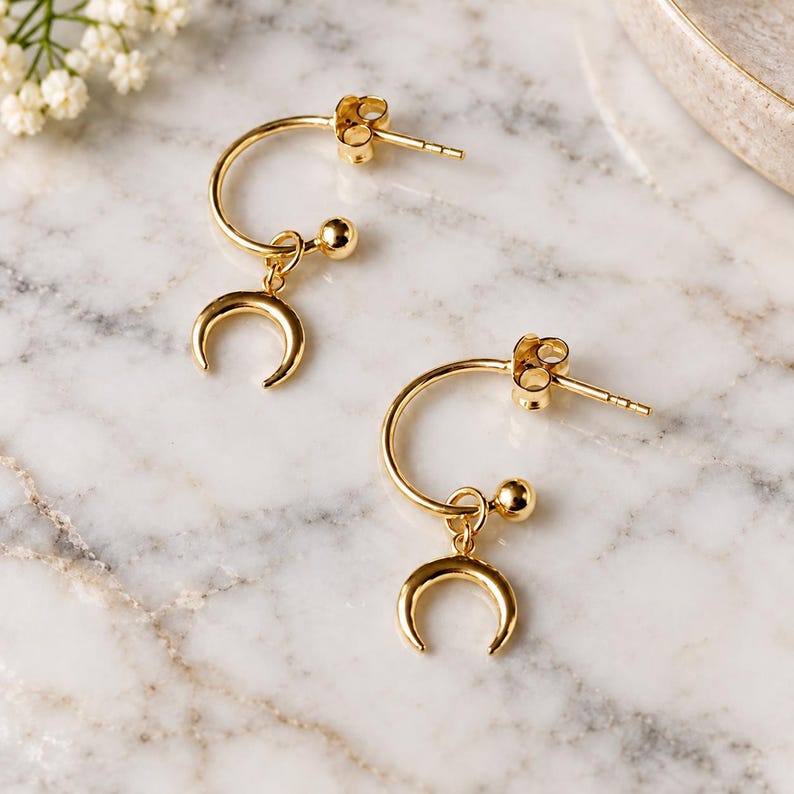 Downward Crescent Moon Mini Hoop Huggie Earrings, Gold- 12mm - - LadybugfeetDesigns -