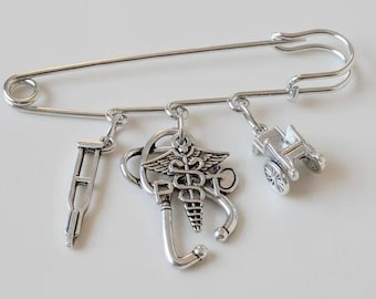 PT - Physical Therapist Safety Pin Brooch, Purse Charm