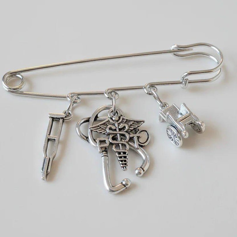 PT - Physical Therapist Safety Pin Brooch, Purse Charm - - LadybugfeetDesigns -