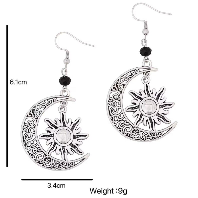 Large Filigree Crescent Moon Sun Hook Earrings, Silver - - LadybugfeetDesigns -